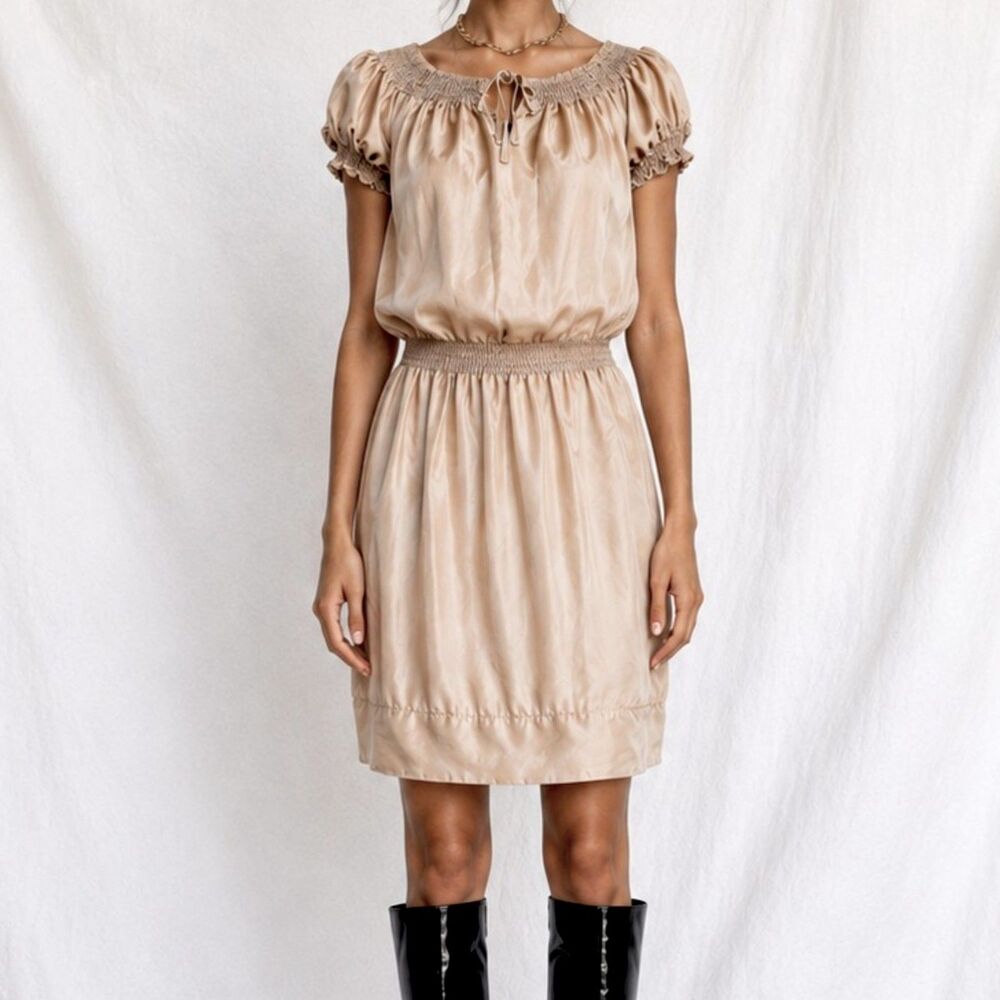 Vintage Y2K 90s Silk Beige Brown Puffy Sleeve Knee Length Boho Dress Size S/M/L
